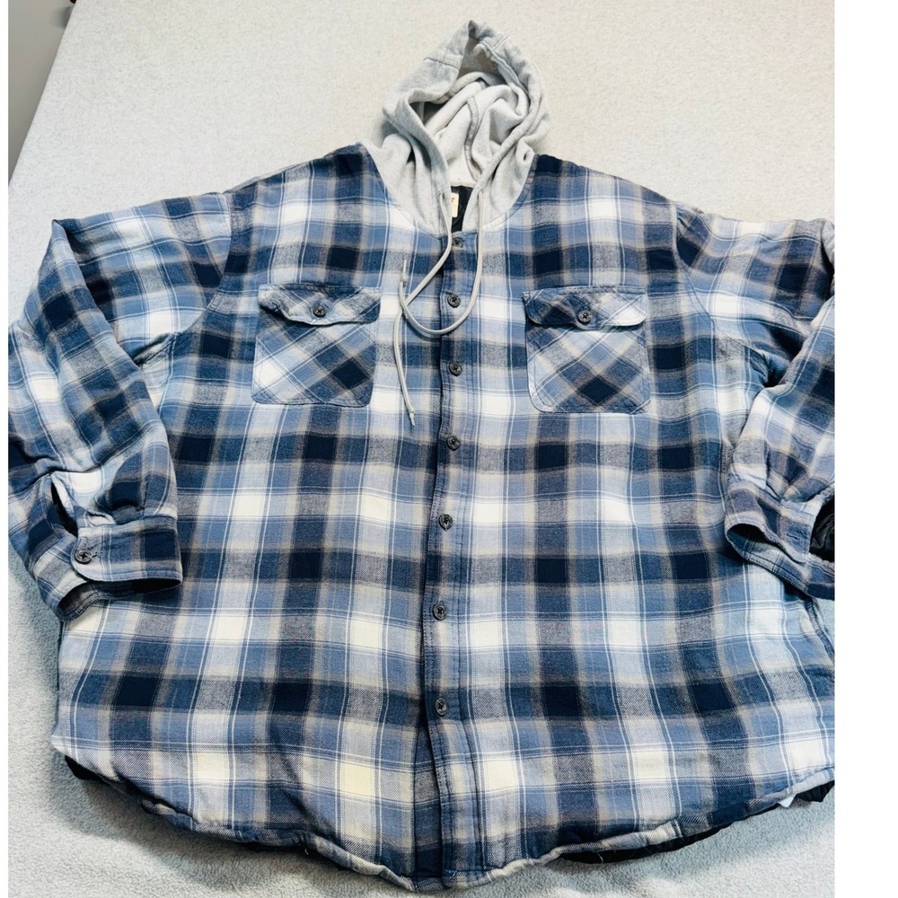 Wrangler Authentics Flannel Shirt Jacket Mens 2XL Blue Plaid Quilted Hooded